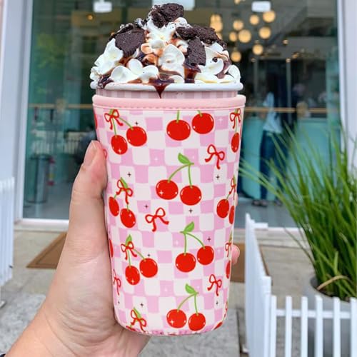 Reusable Insulated Neoprene Iced Coffee Cup Sleeve, Durable Drink Sleeve for Cold Beverages, Beverage Holder for Iced Coffee (Cherry Gleam) - color: Cherry Gleam