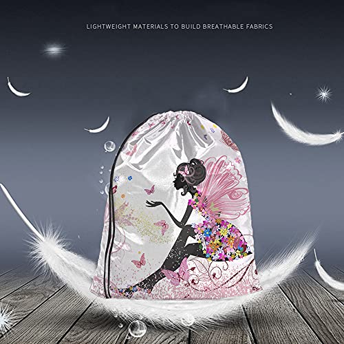 Flower Fairy Drawstring Bags Backpack Bag Beautiful Butterfly With Pink Wings Elves Wildfloral Leaves Sport Gym Sack Drawstring Bag String Bag Yoga Bag for Men Women - color: Multi-a03