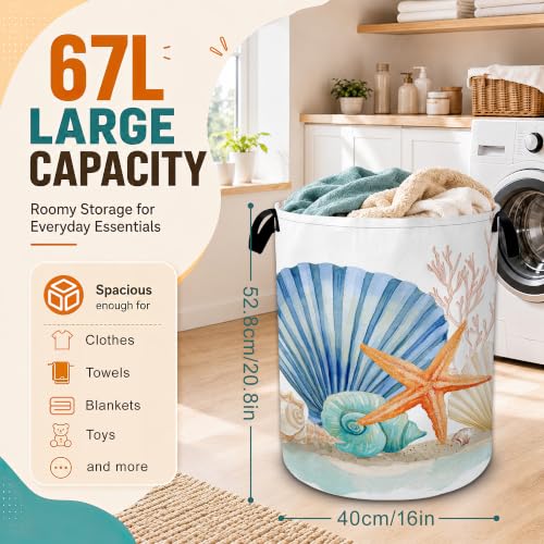 Starfish Laundry Basket,Coral Seashells Large Collapsible Portable Round Laundry Hamper with Handles,Oxford Storage Bin for Clothes,Blankets,Bedroom,Bathroom - color: Starfish Coral Seashells