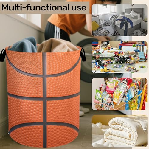 Basketball Laundry Basket with Handles - Extra Large Foldable Hamper for Bathroom/Laundry/Bedroom/Dorm, Washable Fabric Storage Bin - color: Basketball
