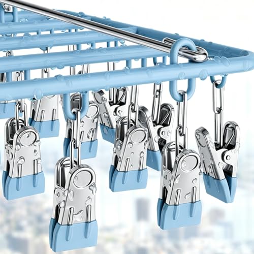 Drying Rack for Sock, Stainless Steel Sock Drying Rack with 23 Clips, Swivel Hook Windproof Hanger for Sock, Laundry, Hat, Scarf, Bras, Towel, Underwear, Pants, Gloves (Blue) - color: Blue