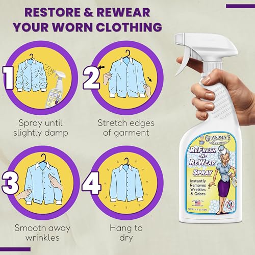 Grandma's Secret Refresh N ReWear Spray - Instantly Removes Wrinkles & Odors - Wrinkle Release, Fabric Refresher Spray, Chlorine, Bleach and Toxin-Free - 16 Ounce, 2 Pack - size: 16.00 Fl Oz (Pack of 2), style: Refresh N Rewear