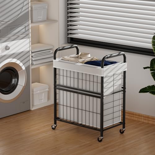 110L Rolling laundry Sorter Hamper Basket 2 Section with Wheels - color: White, size: 110L