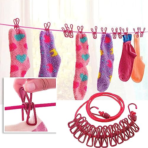 ALINNA Retractable Portable Clothesline, Travel Clothesline with 12 Clothespins for Indoor Laundry Drying, Outdoor Camping Accessories (Rose red) - style: Rose red