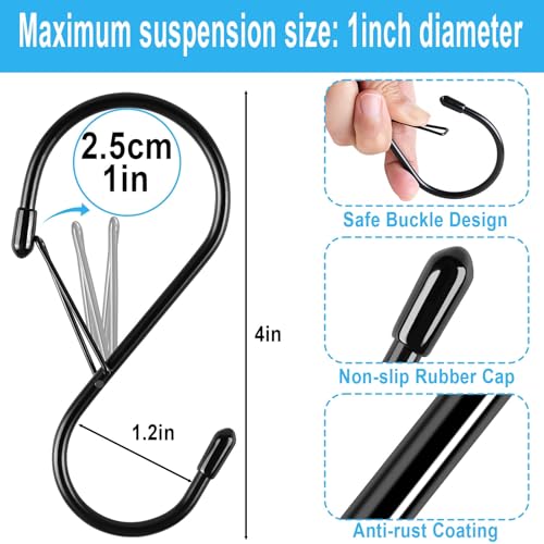 S Hooks for Hanging Plants, 4 Inch Large Heavy Duty S Hooks with Safety Buckle & Stopper Non Slip, 10 Pack Black Metal Closet S Hook for Hanging Clothes, Kitchen Utensil, Jeans, Curtains, Towels, Bag - size: 10 Pieces