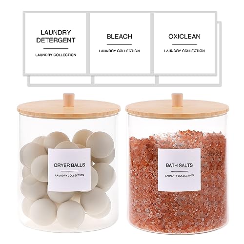 TIPGO Glass Jars and Acrylic Dryer Sheet Holder, Laundry Pods Container with Bamboo Lid and 27 Labels, Powder Detergent Containers for Laundry Room Organization, Storage Jars Set (3 Pack) - color: White