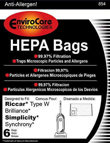 EnviroCare Replacement HEPA Filtration Vacuum Cleaner Dust Bags made to fit Riccar Type W Brilliance and Simplicity Synchrony Uprights 6 Pack