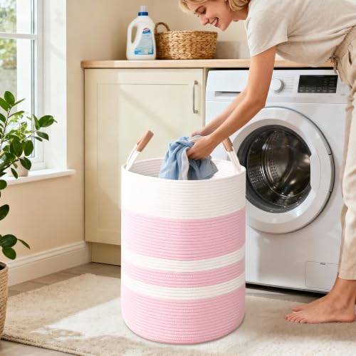 Large Laundry Basket, Laundry Hamper with Leather Handles, 90L Woven Dirty Clothes Hamper, Rope Hampers for Bedroom, Barthroom, Pink - color: Pink & White, size: 90L