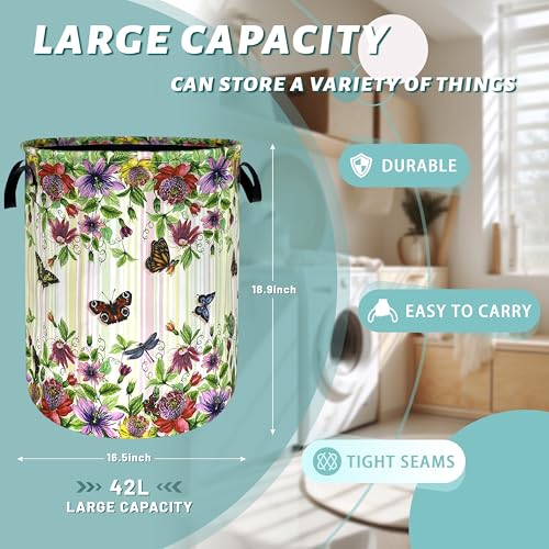 Flower Butterfly Laundry Basket Oxford Cloth Foldable Hamper 18.9x16.5inch - color: Colorful Flowers Floral With Butterfly