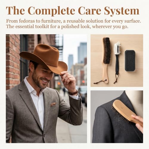 3Pcs Cowboy Hat Brush Set, Horse Hair Felt Hat Cleaning Brushes with Wood Handle, Lint Dust Brush for Cowboy Hats, Fedora Hats, Suede, Wool, Coats, Suits, Clothes, Shoes and Furniture, Black