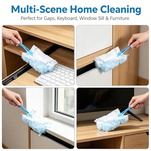 Folding Handle Duster with 10 Refills, Electrostatic Dust Cleaner for Home Car Desk Blinds Ceiling Fans, Portable Dusting Wand for Hair Debris, Light Blue