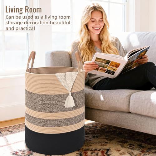 Large Laundry Basket, Laundry Hamper with Leather Handles, 60L Woven Dirty Clothes Hamper, Rope Hampers for Bedroom, Barthroom, Brown Black - color: Brown & Black, size: 60L