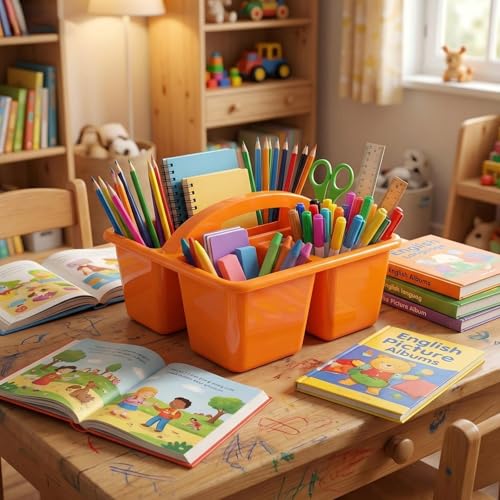 Kathfly 8 Pack Classroom Caddy Organizer with Handle, Plastic Art Craft Cleaning Caddy Bulk, Small Multipurpose Supply Organization Storage Basket for Table Desk Office Pencil Teacher (Blue Orange) - color: Blue Orange