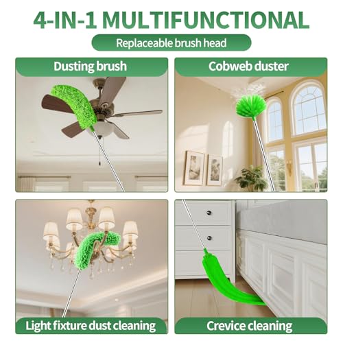 dusters for Cleaning extendable Long Handle,Webster Cobweb Duster with Extension Pole,Spider Web Remover Brush with Pole,Outdoor Web Cleaner Outside for use on Ceilings, cabinets, Walls, Light - color: Green