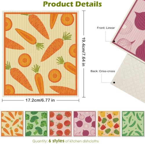 6 Pcs Swedish Paper Cloths for Kitchen, Reusable Paper Towels Washable - color: Vegetables