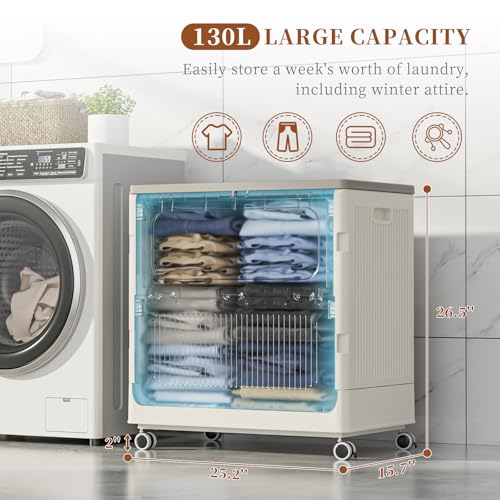 130L Rolling Laundry Hamper with Lid Laundry Basket - color: Milky, size: 130L
