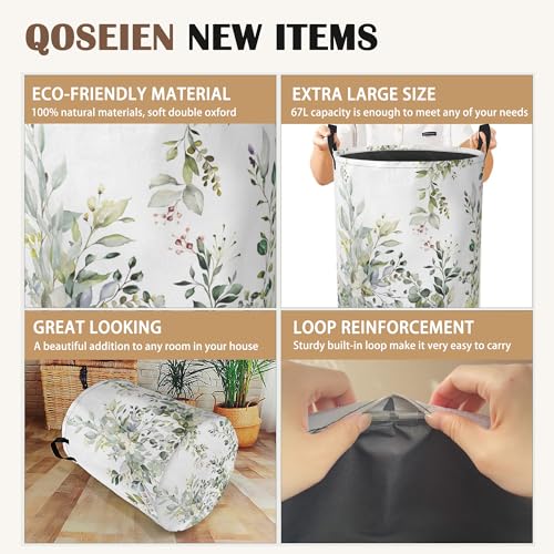 Laundry Basket,Sage Eucalyptus Collapsible Laundry Baskets, Green Leaves Waterproof Hamper with Handles for Bathroom Bedroom Nursery Home Storage16"x20" - color: Sage Eucalyptus,Green Leaves
