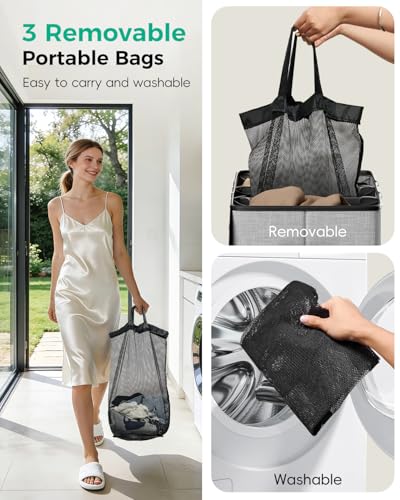 185L Laundry Hamper 3 Section with Lid & Removable Bags - color: Grey, size: 185L - 3 Section