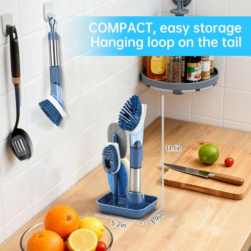 Soap Dispensing Scrub Brush - 4-in-1 Kitchen Cleaning Brush with Built-in Tank, Scraper Heads for Stubborn Grime on Pots Pans, Stand/Hang Storage-Blue - color: Blue