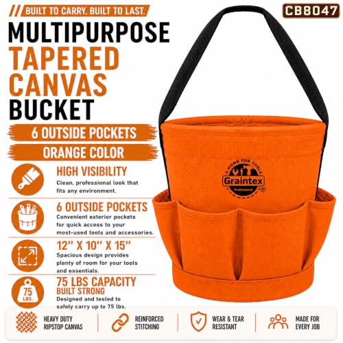Graintex Tapered Canvas Bucket 12"x10"x15", Utility Tool Bucket 6 Pockets Outside, Reinforced Base & Carry Handle, Ripstop Canvas, Multi-Purpose Bag for Jobsite & Home Use - color: Orange