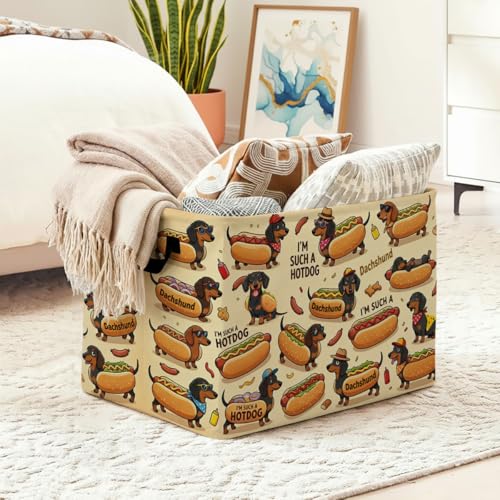Dachshund and Hot Dog Laundry Hamper 56L Large Foldable Laundry Basket with Handles, for Clothes, Toy Storage Bin, Blankets,Decorative Organizer for Shelves & Closet Home Decor Bedroom & Nursery - color: Dachshund and Hot Dog