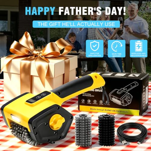 Electric Grill Brush,2-Speed Rechargeable BBQ Grill Cleaner, up to 160 min Runtime, 304 Stainless Steel Brush, LED Light, 2 Brush Heads Included, Most Outdoor Grill Grates - color: Yellow