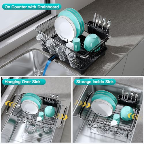 JASIWAY Black Dish Drying Rack in Sink with Drainboard and Utensil Holder - color: Black, size: For 12"-30"w Sink, with Drainboard