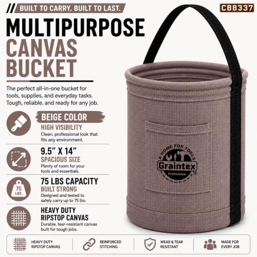 Graintex Canvas Utility Bucket 9.5"x14", Round Tool Bucket, Reinforced Base & Carry Handle, Ripstop Canvas, Ideal Multi-Purpose Bag for Jobsite, Gardening, Home Use, Tool Storage - Beige - color: Beige