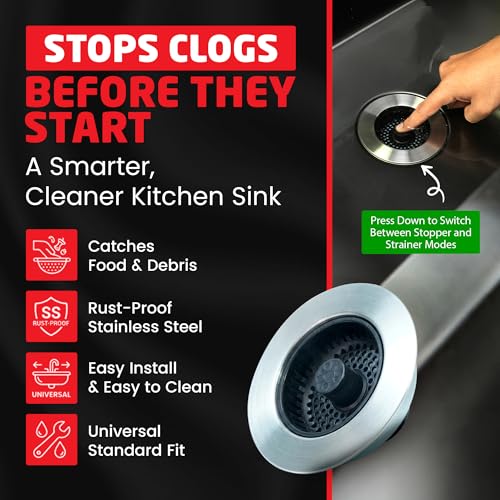 SinkShroom Kitchen Sink Drain Strainer, 2-in-1 Pop-Up Sink Stopper & Strainer with Removable Anti-Clog Basket, 304 Stainless Steel, Fits 3"-3.4" US Standard Drains, Easy Clean Food Catcher - size: 1-Pack, style: Built in Stopper (2-in-1)