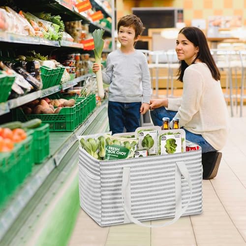 LHZK Standing Utility Tote Bag with Metal Wire Frame and the Sides Rinforced, Large Tote Bag with Handle, Reusable Grocery Bags Foldable, Beach Bag, Car Tote (Gray, 18.5''x11.8''x11.5'') - color: Gray, size: 18.5''x11.8''x11.5''-1 Pack