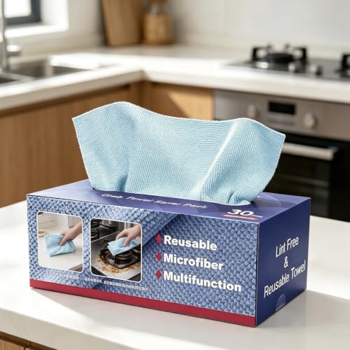 Microfiber Cleaning Cloths, 30 Pack Reusable Washable Microfiber Towels with Dispenser Box, Rags for Car, Automotive, Home, Kitchen, Garage Cleaning, 11" x 11"