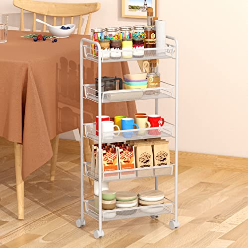 JANE EYRE 5-Tier Rolling Utility Storage Rack Cart on Wheels, Trolley Craft cart, Multi-Purpose Organizer Shelf, White - color: White, size: 5 Tier