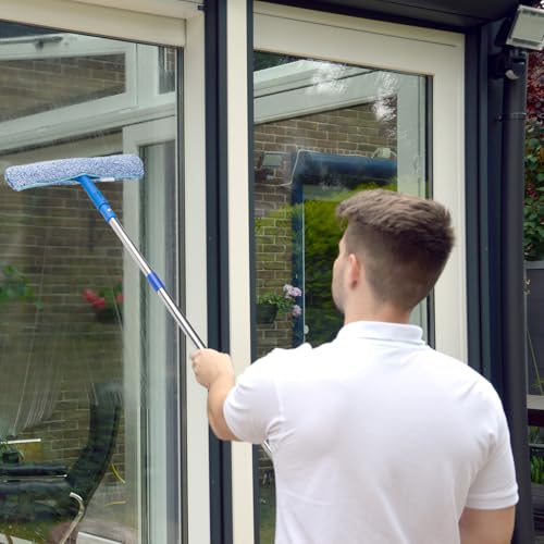 Window Cleaning Kit for Home and Commercial Use, 6 Ft Long Handle Professional Glasses Cleaner Squeegee with 3 Gallon Bucket and Spray Bottle and Scrubber, Car Windshield Washing Tool - color: Blue