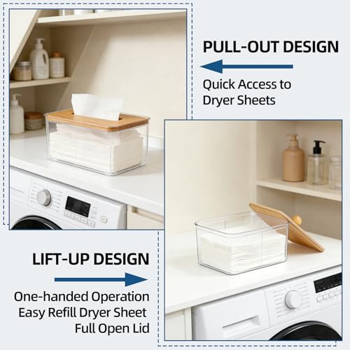 2Pack Dryer Sheet Holder with Bamboo Lid, Acrylic Dryer Sheets Container, Dryer Sheet Dispenser for Laundry Room, Clear