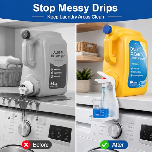 2 Pack Laundry Detergent Dispenser Cup Holder, No-Drip Laundry Detergent Cup Holders and Drip Trays with Easy Press Nozzle Switches, Liquid Detergent Holder for Laundry Room Organization - color: 2 Pack White