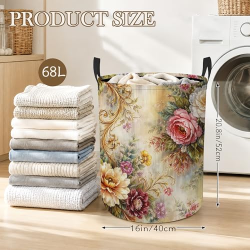 Gilded Flower Laundry Basket, Floral Baroque Collapsible Laundry Hamper Waterproof Oxford Cloth With Handles, Clothes Storage Bucket For Bathroom/Bedroom 16" x 20.8" - color: Gilded Flower