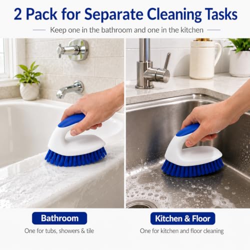 2 Pack Scrub Brushes, Cleaning Brush with Stiff Bristles, Handheld Scrubber for Bathroom, Shower, Tile, Carpet, Bathtub & Floor