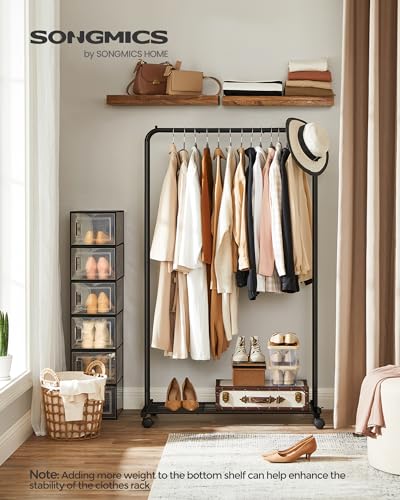 SONGMICS Clothes Rack with Wheels, Metal Garment Rack, Mesh Storage Shelf - color: Black, style: Single Rod