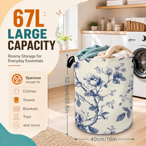 Vintage Blue Flowers Laundry Basket,Botanical Floral Foldable Oxford Laundry Hamper with Handles,Portable Clothes Tote Bag Clothes Storage Bucket Organizer For Bathroom/Laundry Storage/Bedroom - color: Vintage Blue Flowers Botanical Floral