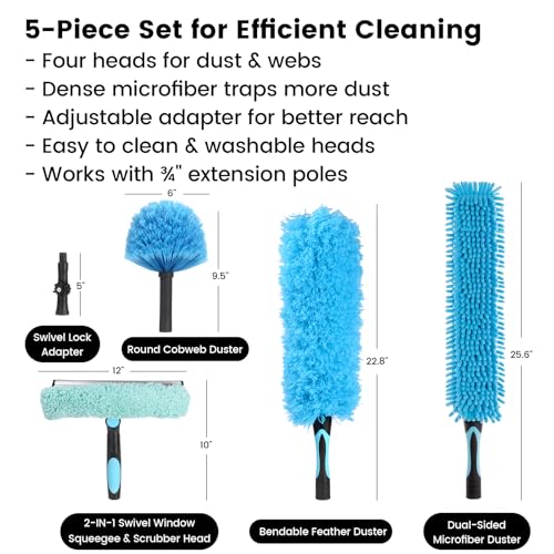 Ceiling Fan Duster Kit 5-in-1 – Screw-On Cobweb Duster, Squeegee & Microfiber Heads – Washable Bendable – Fits Standard 3/4" Threaded Extension Pole – House Cleaning Kit, Blue - size: 5PC-kit1