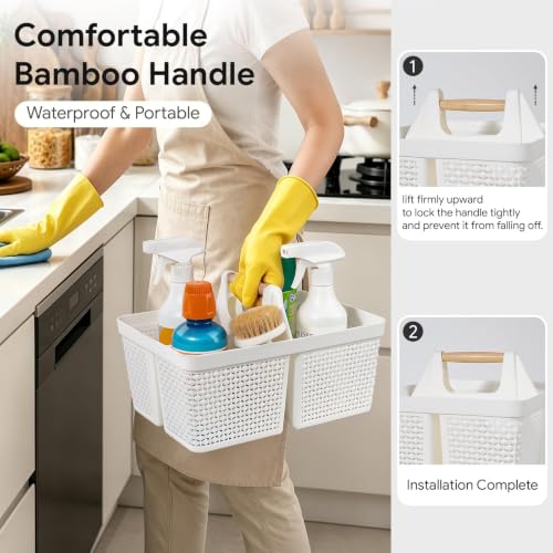 UUJOLY Portable Plastic Shower Caddy Basket with Wooden Handle, White - color: White