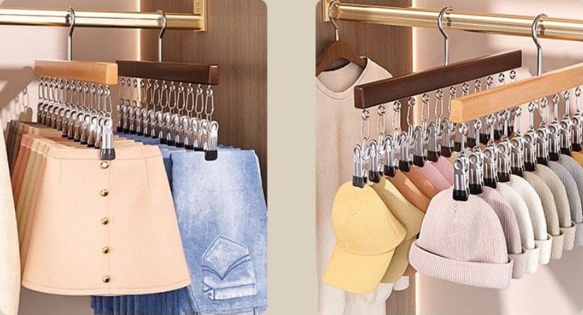 Multi‑Clip Hanger with 12 Anti‑Slip Metal Clips Wood Colour - color: Wood Colour