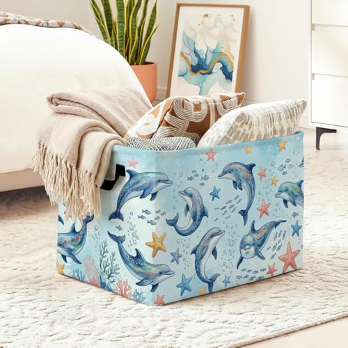 Dolphin Laundry Hamper, 56L Large Foldable Laundry Basket with Handles, for Family Clothes, Toy Storage Bin, Blankets,Decorative Organizer for Shelves & Closet Home Decor Bedroom & Nursery - color: Dolphin