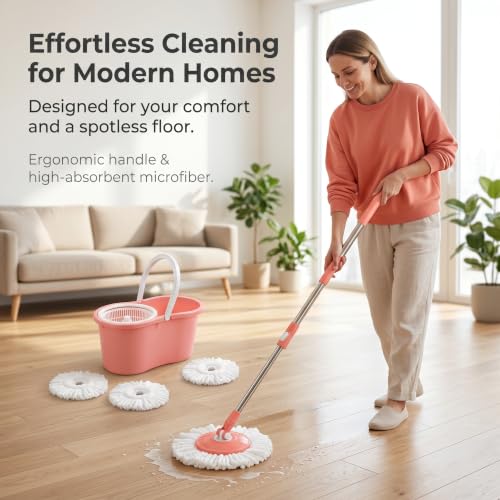 Pink Spin Mop and Bucket with Wringer Set 360 Rotating Mop 3 Mop Refills