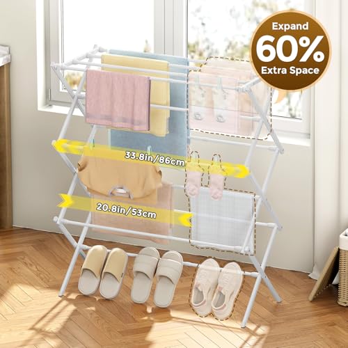 KINGBOARD 3-Tier Extendable Clothes Drying Rack, Small & Foldable, White - color: White
