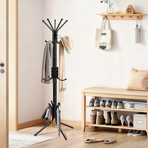 Metal Coat Rack, Freestanding Coat Tree & Hall Tree with 15 Hooks, Sturdy Coat Rack Stand and Hat Rack, Coat Hanger for Entryway, Bedroom, Office for Jackets, Hats, Bags,Black - color: BLACK