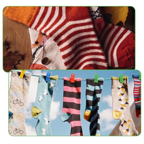 50pcs Sock Clips with Hook, Multi-Color Sock Chip Clip Plastic Sock Holder Laundry Clips for Pairs Amazing Clothes Pins Hanger Clips Food Bag Clips (5 Colors)