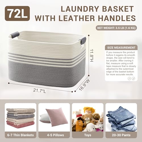 72L Large Woven Laundry Basket Hamper with Leather Handles,Grey - color: Grey, size: 72L