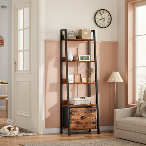 Furologee Ladder Shelf, 5 Tier Bookshelf with Fabric Drawer, Rustic Brown - color: Rustic Brown, size: 5-Tier, 15" W