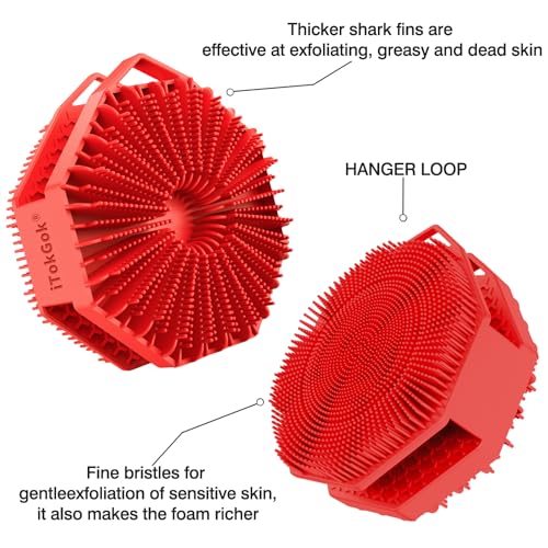 iTokGoK® Silver-Infused 2-in-1 Silicone Body Scrubber, Double-Sided Design Body Brush Silicone Body Scrubber Exfoliating Body Brushes for All Skin for Showering, Lathers Well- Red - color: Red